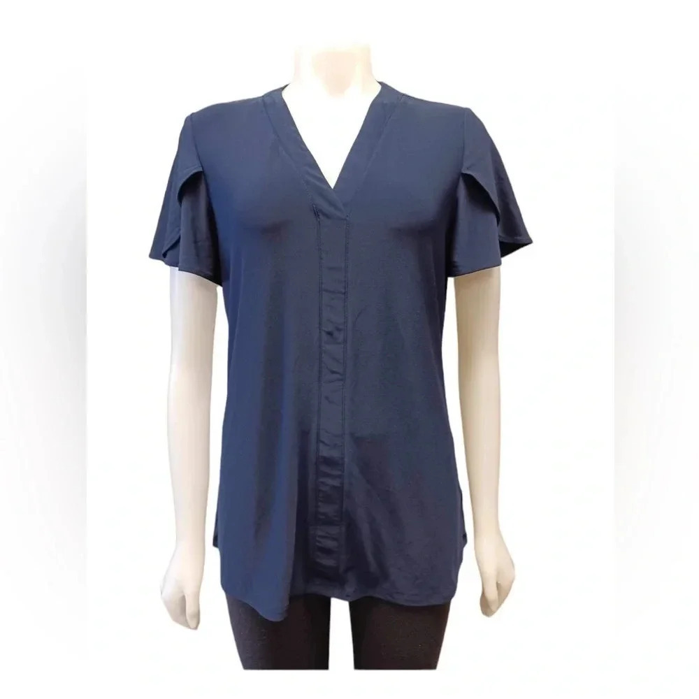 Nina Leonard Blue Short Sleeve Dress Shirt  Size Large